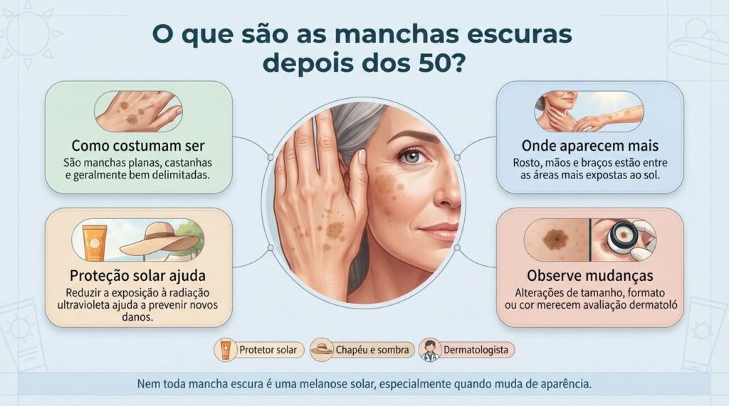 As melanoses solares são geralmente benignas, mas mudanças na aparência das manchas devem ser avaliadas por um dermatologista.