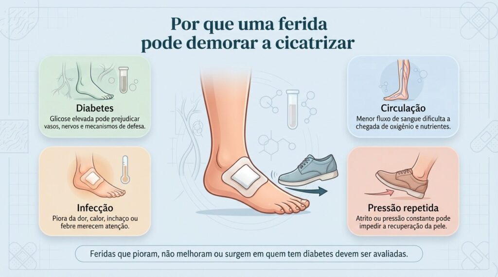 Diabetes, circulação prejudicada, infecção e pressão repetida podem dificultar a recuperação de uma ferida.