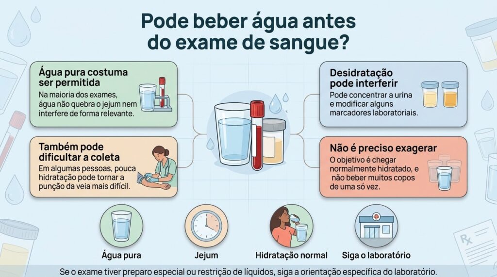 Água pura costuma ser liberada durante o jejum, mas o preparo específico do exame deve sempre ser respeitado.