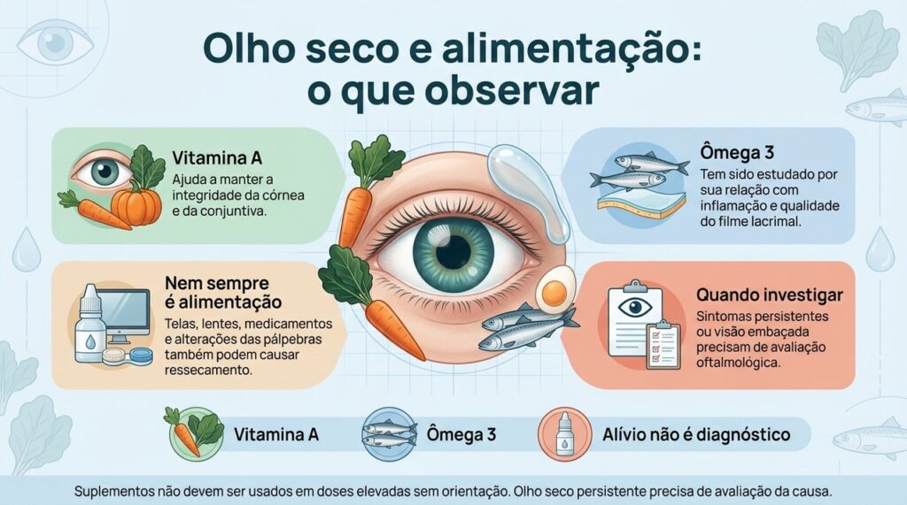 A alimentação pode entrar na investigação do olho seco, mas a persistência dos sintomas exige avaliação das outras possíveis causas.