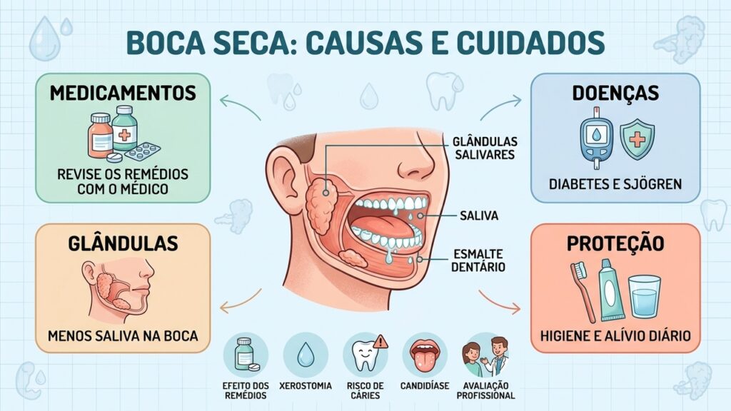 "Conheça as causas da xerostomia e os cuidados que protegem dentes, gengivas e mucosa bucal.
