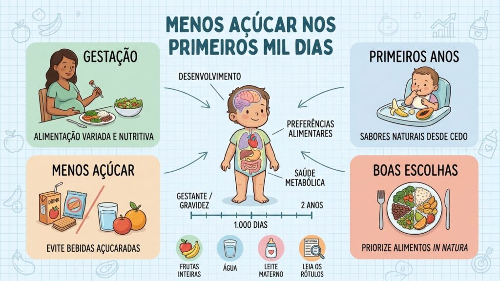 Gestação, primeiros anos, menos bebidas açucaradas e alimentos variados apoiam o desenvolvimento infantil.