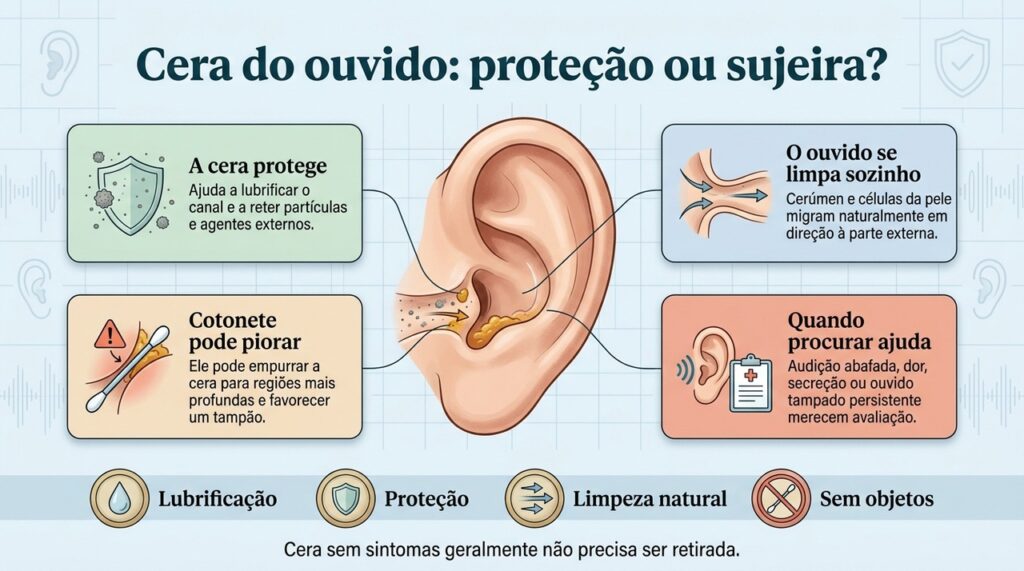 O cerúmen faz parte da proteção natural do ouvido e não precisa ser removido rotineiramente quando não causa sintomas.