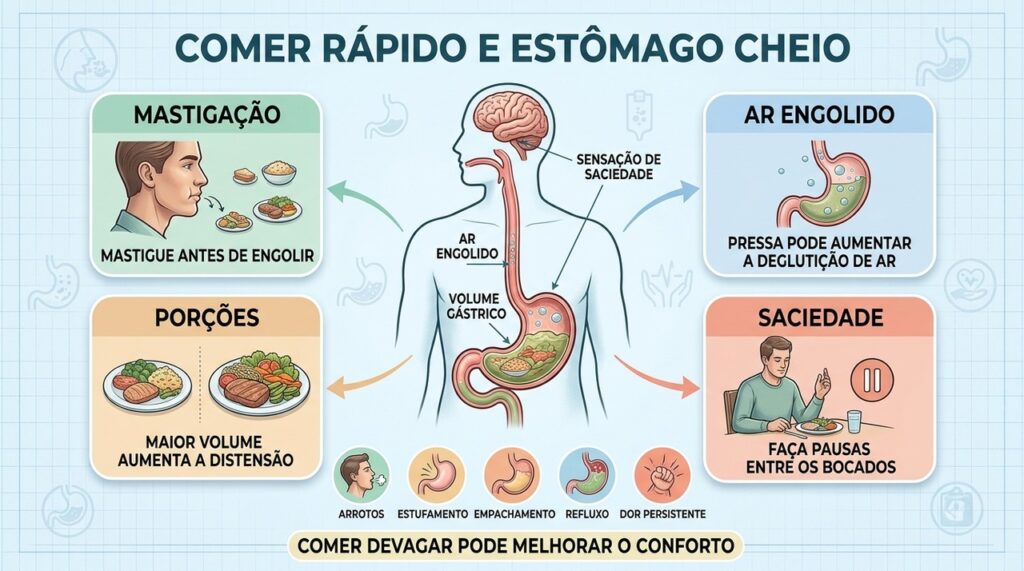 Mastigação, porções, ar engolido e saciedade influenciam o conforto após comer.