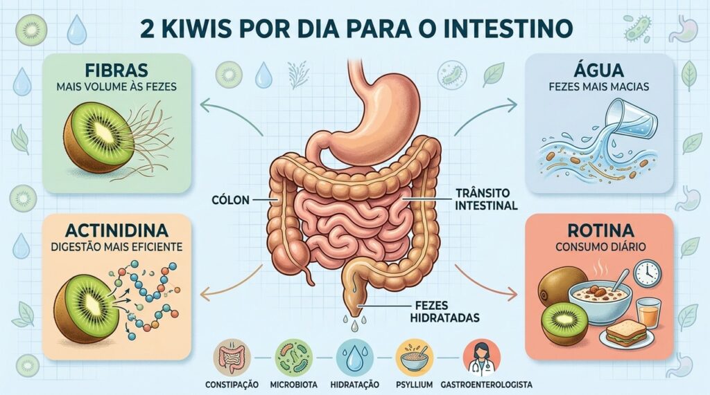 Fibras, hidratação e actinidina ajudam a reduzir o intestino preso com regularidade.