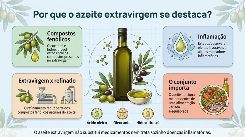 O extravirgem preserva mais compostos fenólicos, mas seus possíveis efeitos fazem parte de um padrão alimentar saudável.
