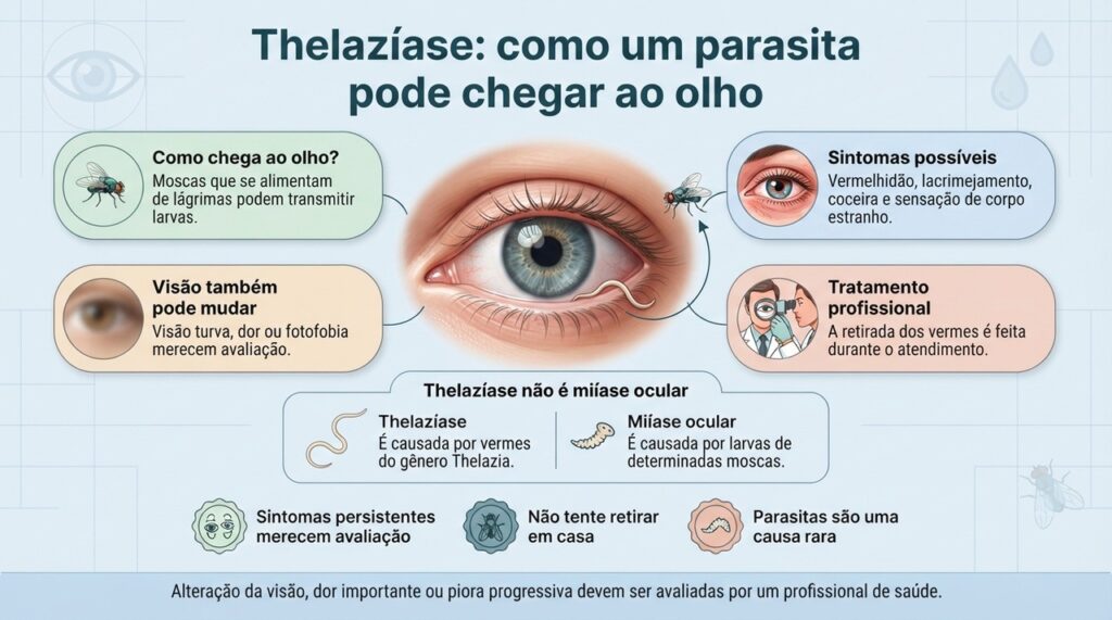 A thelazíase é rara e diferente da miíase ocular; o diagnóstico depende de avaliação oftalmológica.