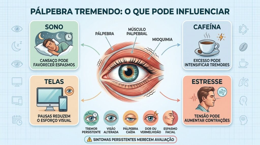 Sono, cafeína, telas e estresse estão associados aos tremores involuntários das pálpebras.