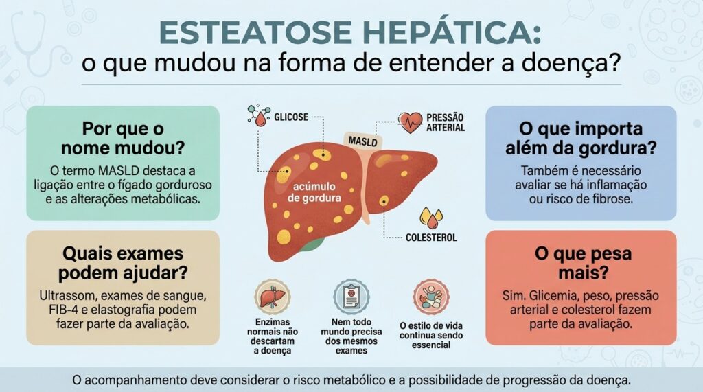 Hoje, a esteatose é entendida como parte de um quadro metabólico mais amplo e pode exigir avaliação do risco de inflamação e fibrose.
