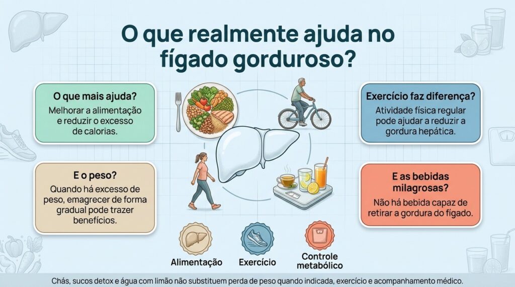 No fígado gorduroso, as medidas com melhor respaldo envolvem alimentação, exercício, controle do peso e das alterações metabólicas.