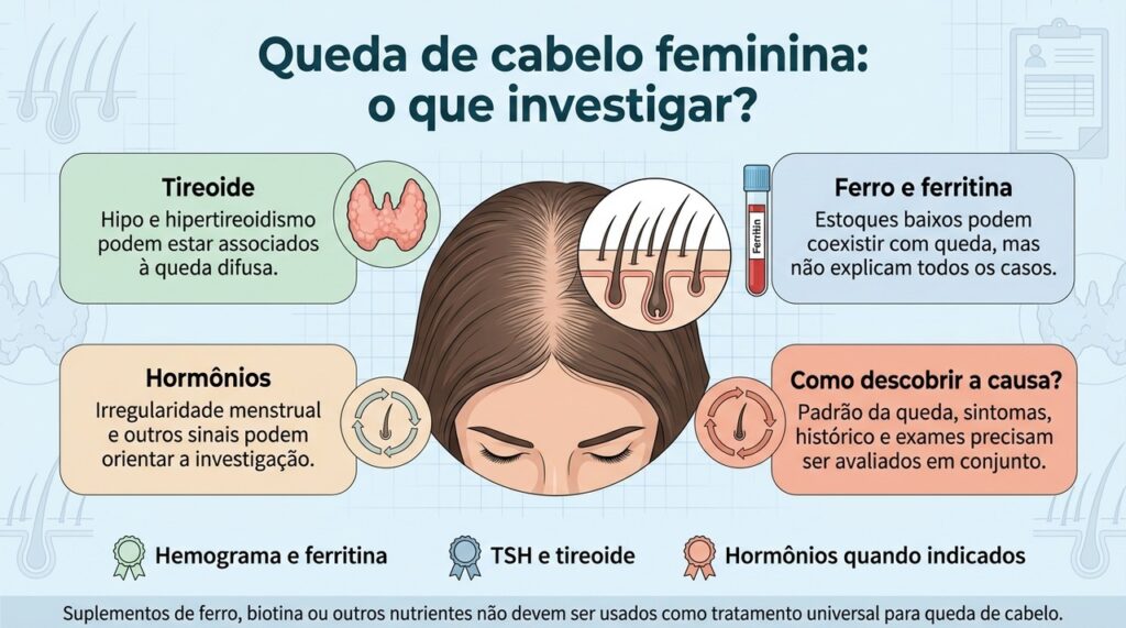 Avaliar o padrão da queda e possíveis alterações de tireoide, ferro e hormônios ajuda a direcionar o tratamento correto.