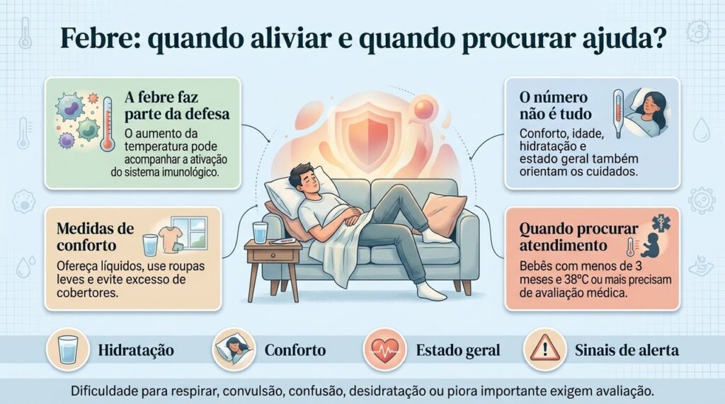 Na febre, observar hidratação, conforto e sinais de alerta é mais importante do que tentar normalizar a temperatura a qualquer custo.