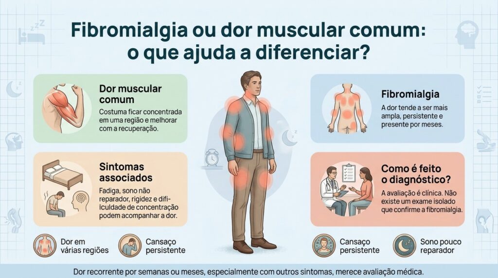 O diagnóstico de fibromialgia considera o padrão generalizado da dor e sintomas como fadiga, sono não reparador e alterações de concentração.