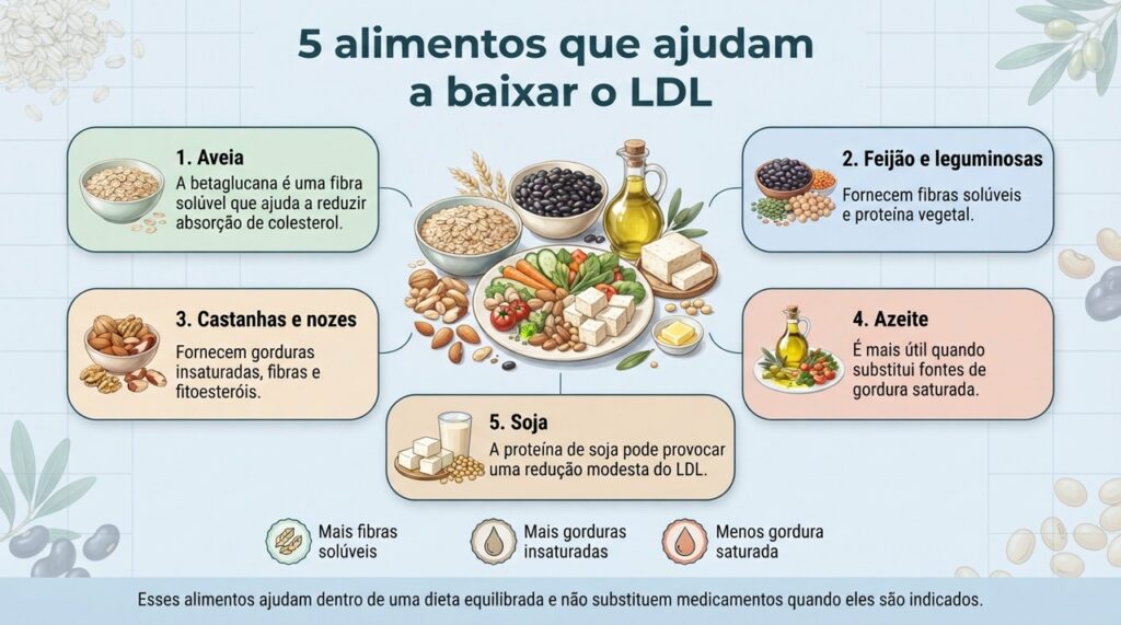 A redução do LDL depende do conjunto da alimentação, com mais fibras e gorduras insaturadas e menos fontes de gordura saturada.