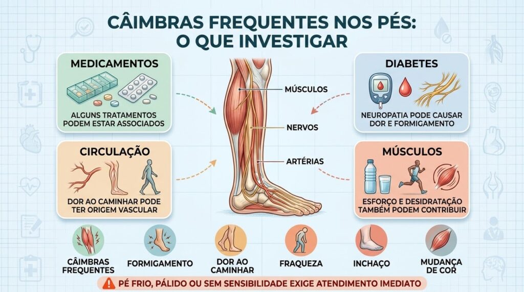 Músculos, nervos e circulação podem estar envolvidos em sintomas parecidos com câimbras.