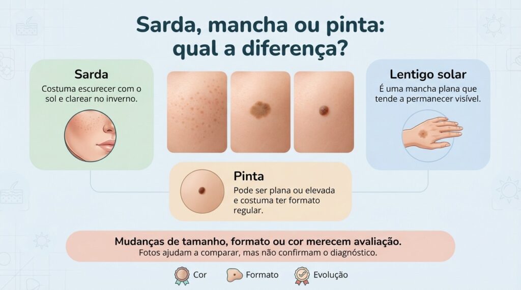 A aparência ajuda na comparação, mas lesões que mudam devem ser avaliadas por um dermatologista.