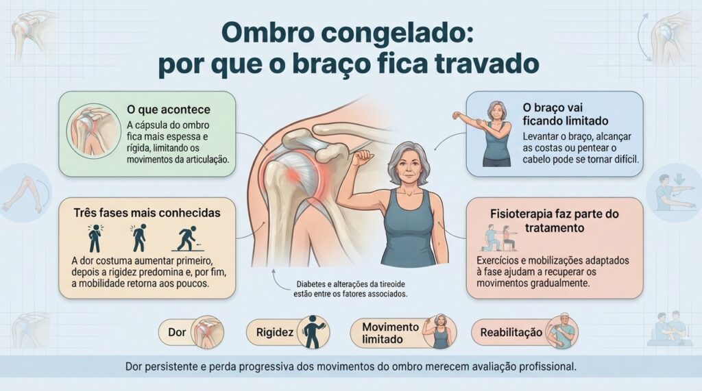 O ombro congelado causa dor e rigidez progressiva, e a recuperação costuma depender de tratamento e reabilitação adaptados a cada fase.