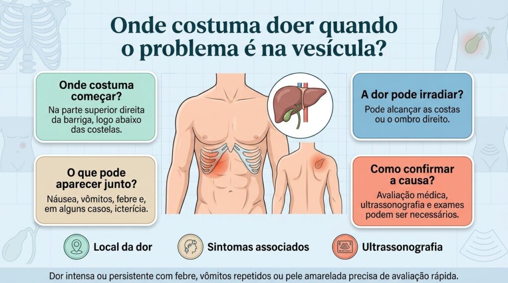A localização da dor orienta a investigação, mas exames são necessários para confirmar se a vesícula é a causa.