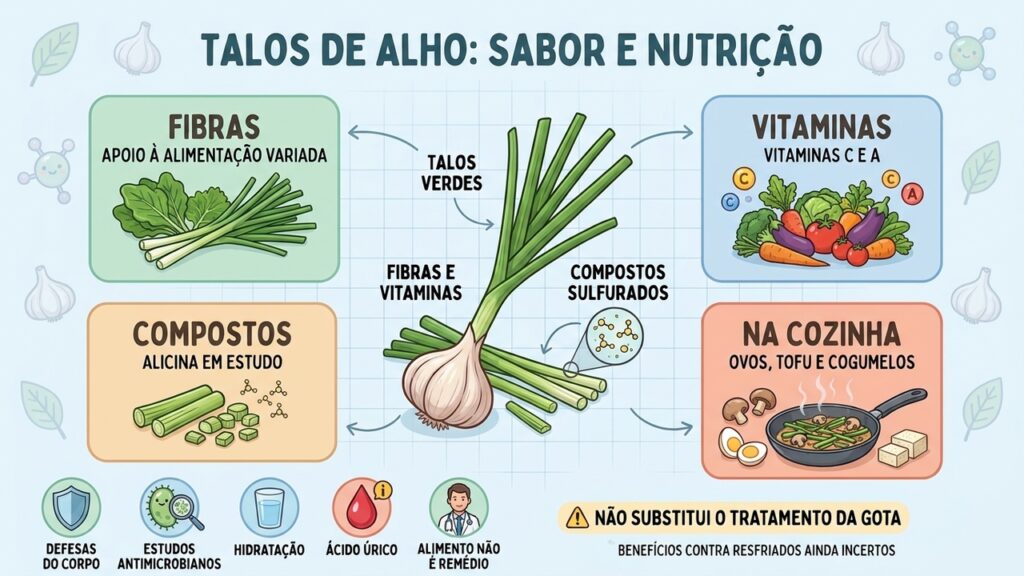 Conheça os nutrientes, os usos culinários e os limites das evidências sobre talos de alho.