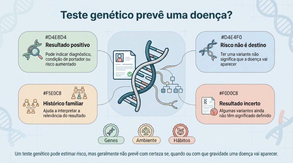 O resultado genético precisa ser interpretado junto com histórico familiar, outros fatores de risco e o objetivo do exame.
