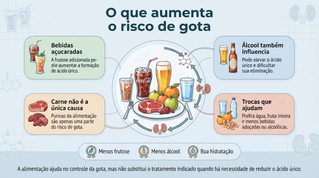 Reduzir bebidas açucaradas, álcool e o excesso de alimentos ricos em purinas faz parte do controle da gota.