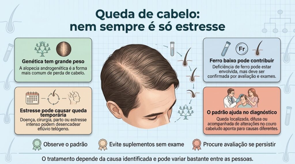 Entender o padrão e investigar possíveis causas evita tratar a queda de cabelo de forma aleatória.