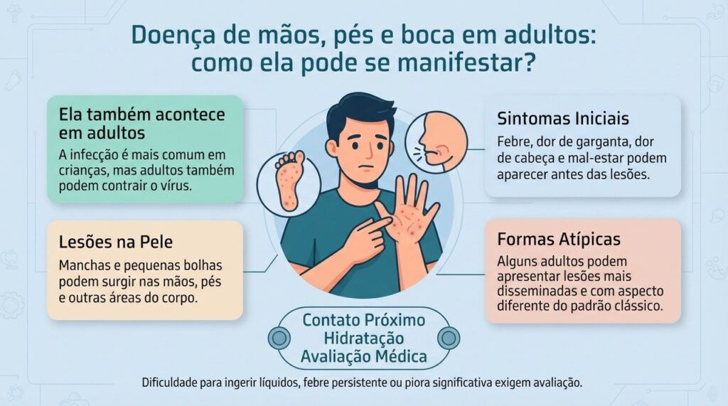 A mão-pé-boca em adultos pode ser leve, mas algumas formas apresentam lesões mais extensas e precisam ser diferenciadas de outras doenças.