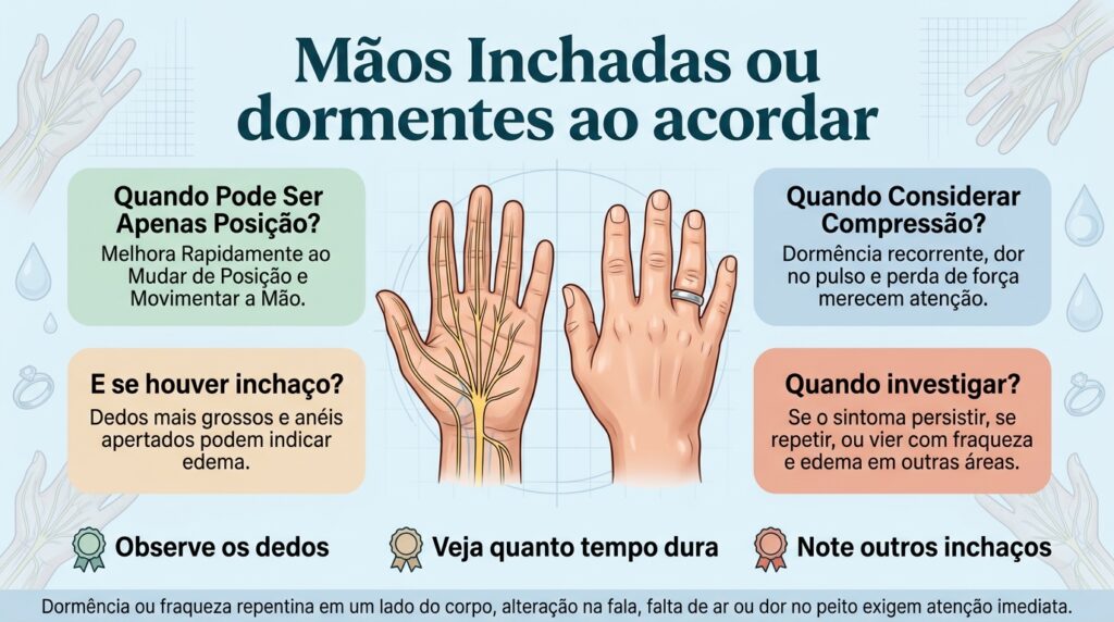 Observar duração, localização, força e presença de edema ajuda a orientar a investigação de mãos inchadas ou dormentes.