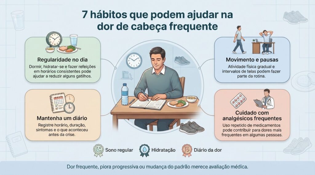 Uma rotina mais regular e um diário das crises podem ajudar a revelar padrões, mas dor de cabeça frequente precisa ser avaliada quando persiste ou muda.