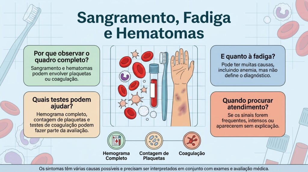 A investigação combina sintomas, histórico e exames para identificar por que sangramentos, hematomas e cansaço estão ocorrendo.