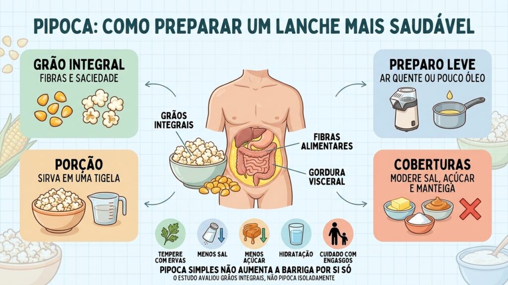 Grão integral, preparo leve, porção moderada e menos coberturas tornam a pipoca uma escolha equilibrada.