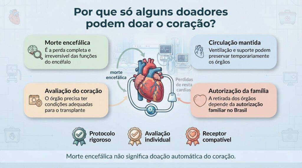 A doação do coração exige morte encefálica confirmada, circulação preservada, autorização familiar e avaliação adequada do órgão.