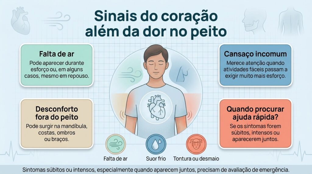 Sintomas cardíacos podem aparecer de formas diferentes, e a combinação, a intensidade e o início súbito aumentam a necessidade de avaliação.