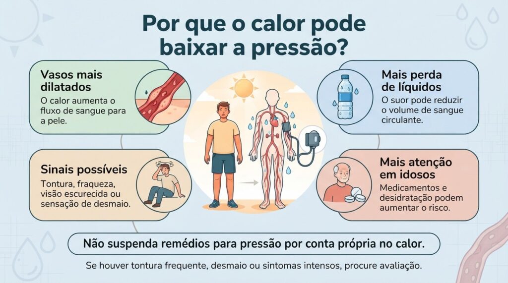 O calor pode reduzir temporariamente a pressão por causa da vasodilatação e da perda de líquidos pelo suor.