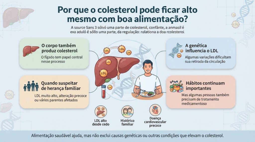 A genética pode influenciar a forma como o organismo produz, transporta e remove o LDL da circulação.