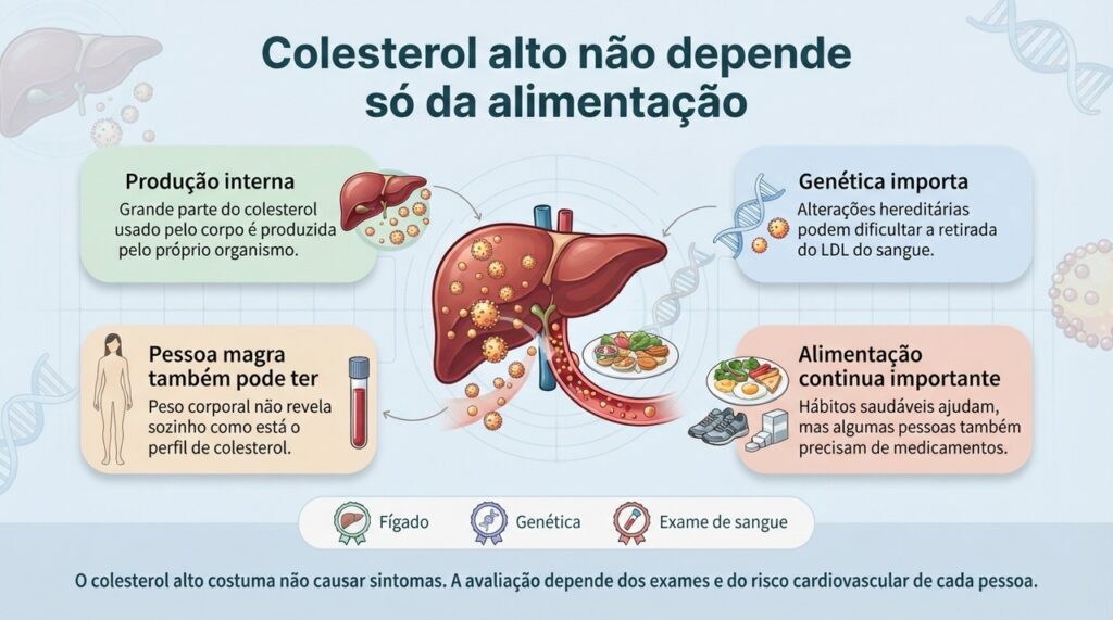 Produção hepática, genética, metabolismo e estilo de vida influenciam o colesterol, por isso o exame de sangue é essencial.