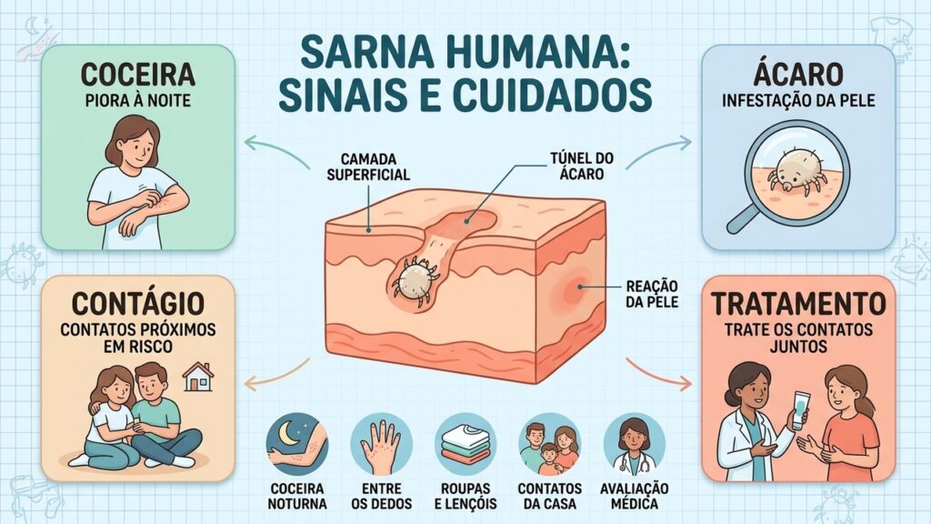 Reconheça os sinais da sarna humana e entenda como tratar contatos e evitar novas transmissões.