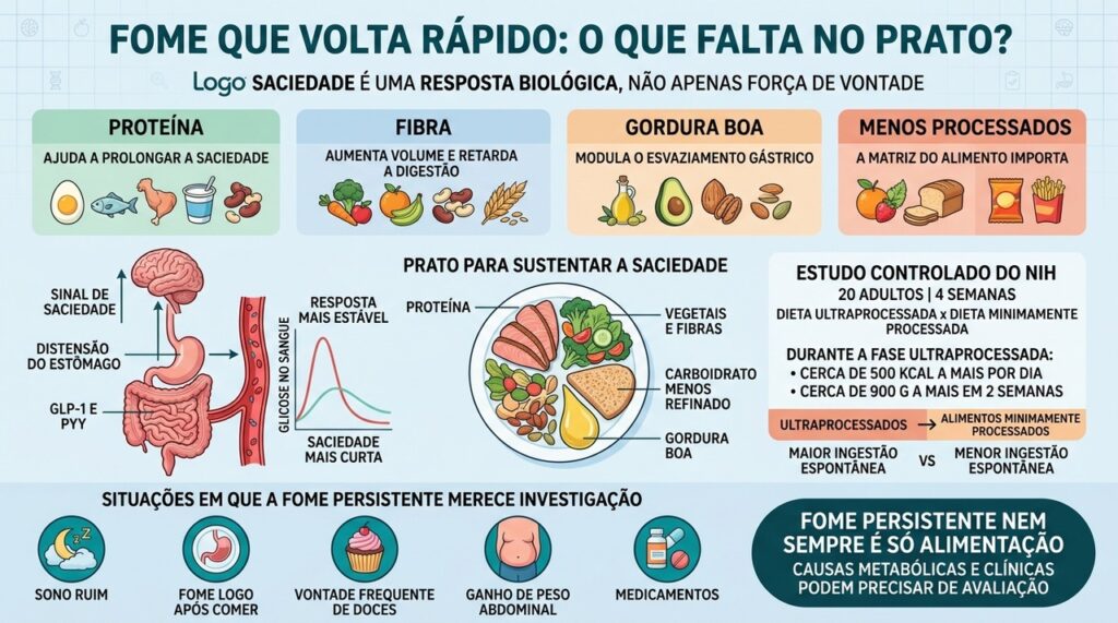 Composição do prato, processamento e sinais hormonais influenciam quanto tempo dura a saciedade.