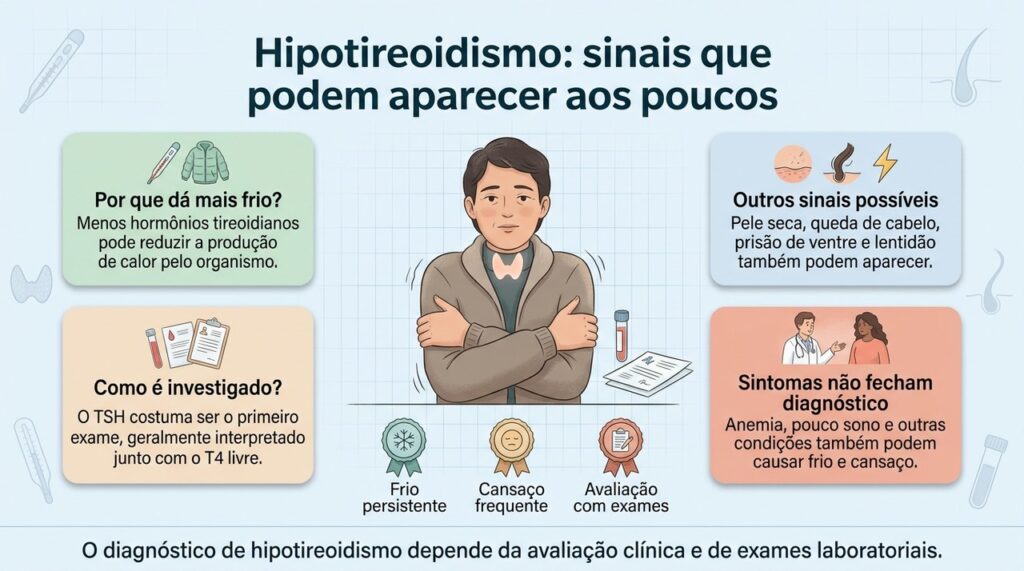Frio e cansaço podem aparecer no hipotireoidismo, mas o diagnóstico depende de avaliação e exames.