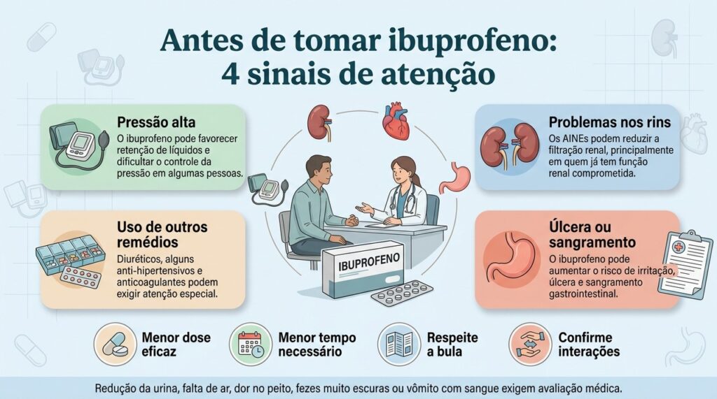Antes de usar ibuprofeno, algumas condições de saúde e combinações de medicamentos precisam ser consideradas.