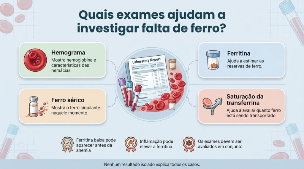 Cada exame mostra uma parte diferente do metabolismo do ferro, por isso os resultados precisam ser avaliados em conjunto.