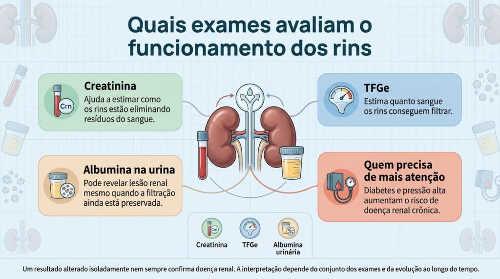 Creatinina, taxa de filtração glomerular e albumina urinária se complementam na avaliação da saúde dos rins.
