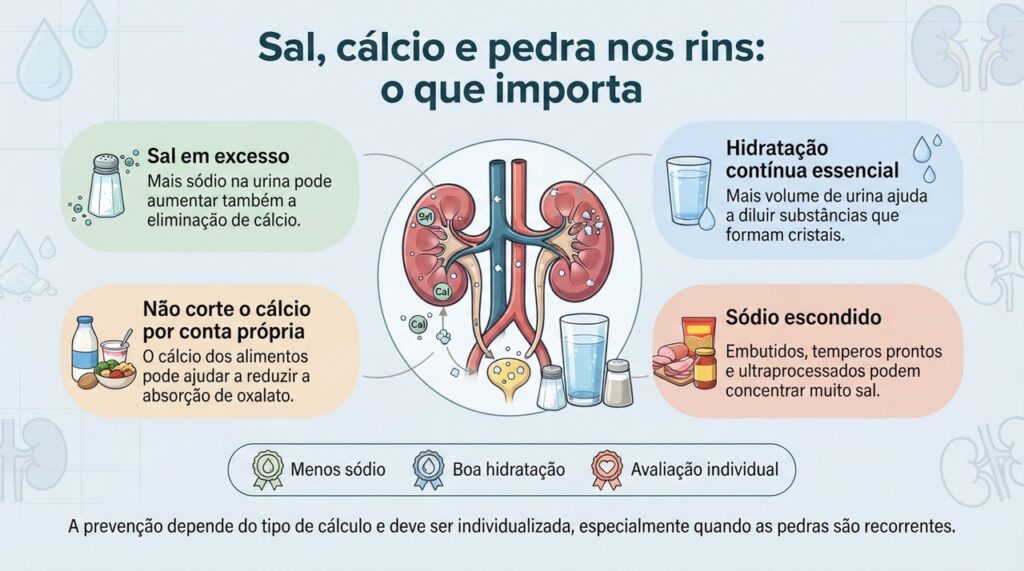 Excesso de sal pode aumentar o cálcio na urina e favorecer pedra nos rins. Entenda por que reduzir sódio ajuda e por que não se deve cortar cálcio por conta própria.