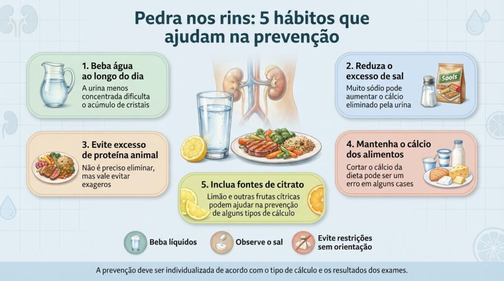 Água, menos sal, moderação de proteína animal, cálcio alimentar e frutas cítricas estão entre os cuidados mais úteis para prevenir novas pedras.