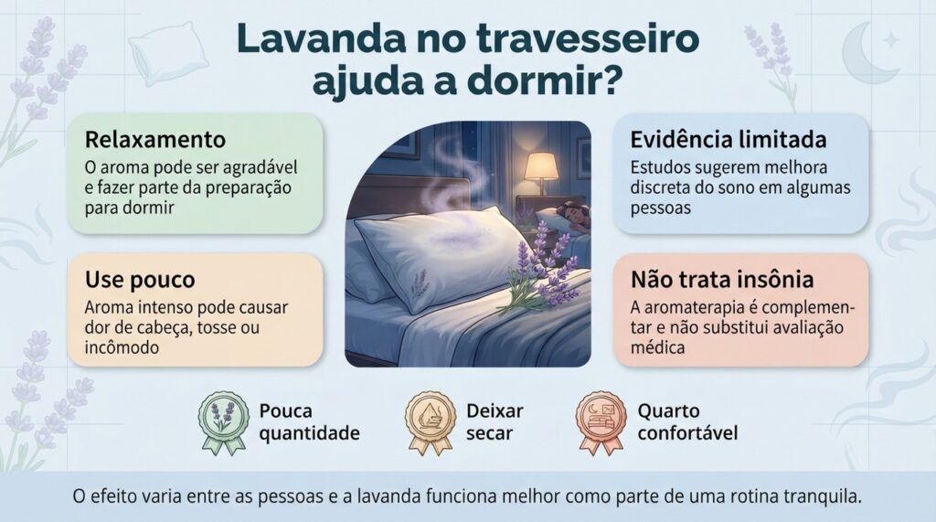 A lavanda pode complementar uma rotina de descanso, mas seus efeitos sobre o sono ainda são modestos e variáveis.