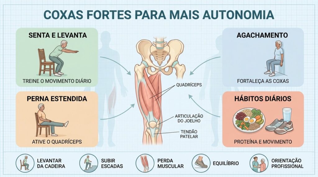 Senta e levanta, agachamentos adaptados e extensão dos joelhos ajudam a fortalecer as coxas.