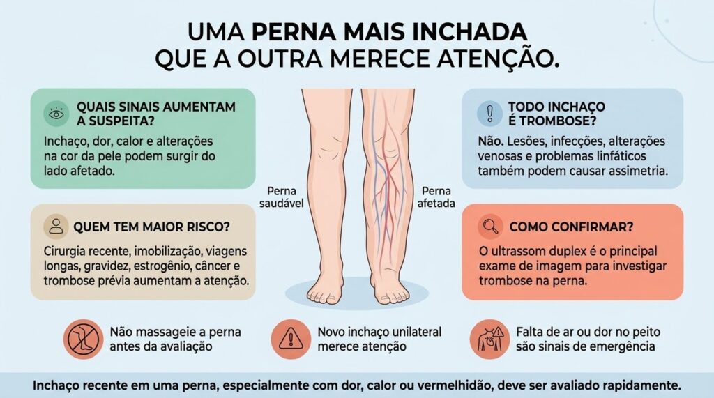 A trombose é uma das possíveis causas de inchaço unilateral, e a avaliação clínica com ultrassonografia pode ser necessária para confirmar ou descartar o diagnóstico.