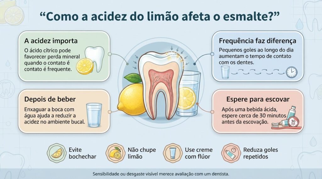 Reduzir o tempo de contato com bebidas ácidas e esperar antes de escovar ajuda a proteger o esmalte.