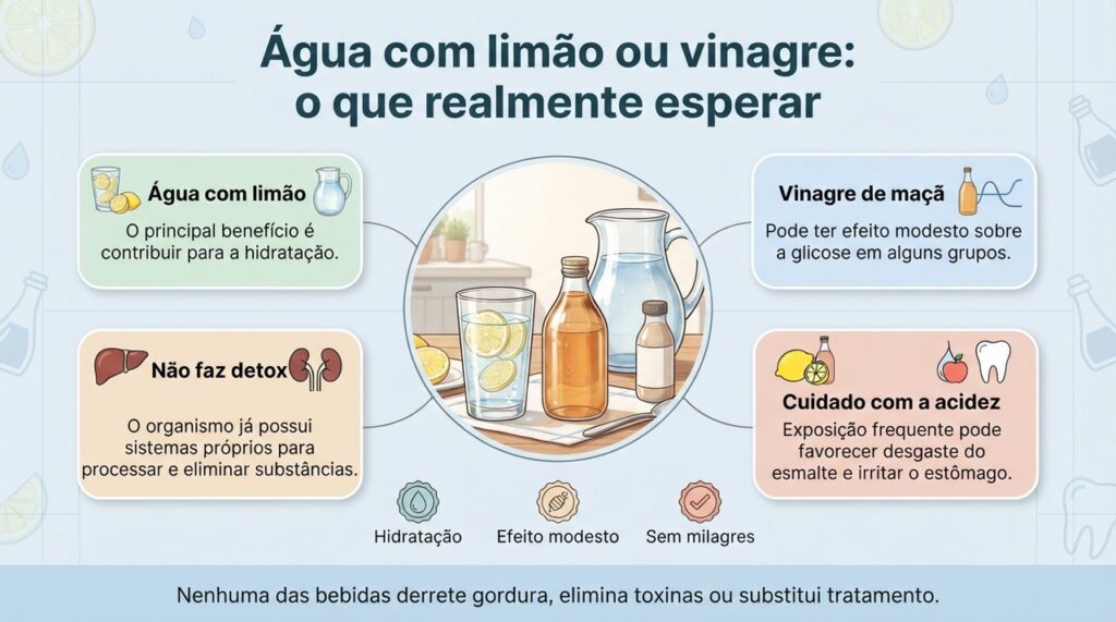 Os benefícios de limão e vinagre são limitados e não correspondem às promessas de detox ou emagrecimento rápido.