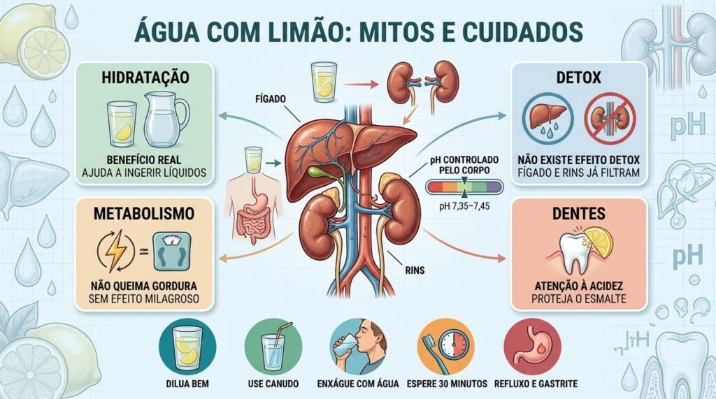 Hidratação é real; detox, alcalinização e queima de gordura não são comprovados.